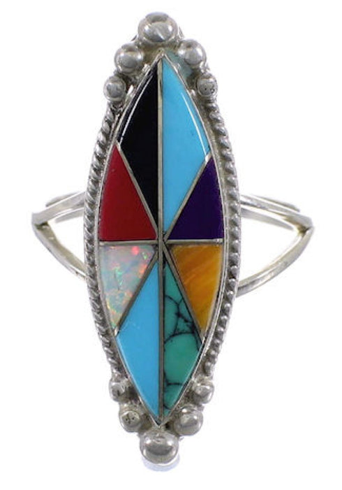 Sterling Silver Southwest Multicolor Inlay Ring Size 6-1/2 EX51432